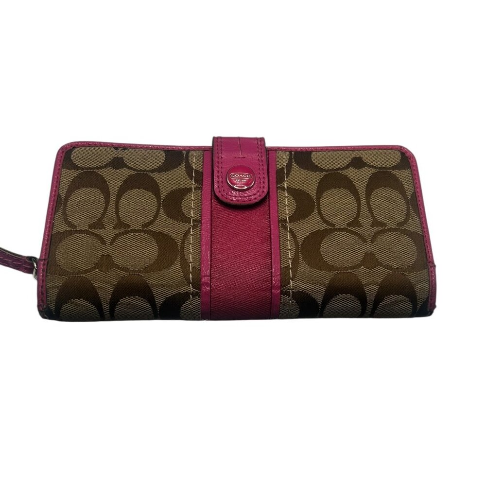 Coach Signature Zip-Around Bifold Wallet Pink Trim | Card Holder | Zip Wallet